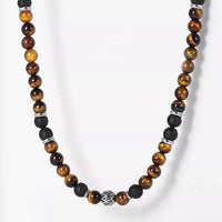 Men’s 8mm Tiger Eye & Lava Bead Necklace with Stainless Steel Toggle – 18/20/24"