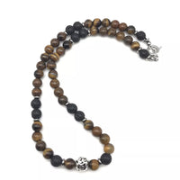 Men’s 8mm Tiger Eye & Lava Bead Necklace with Stainless Steel Toggle – 18/20/24"