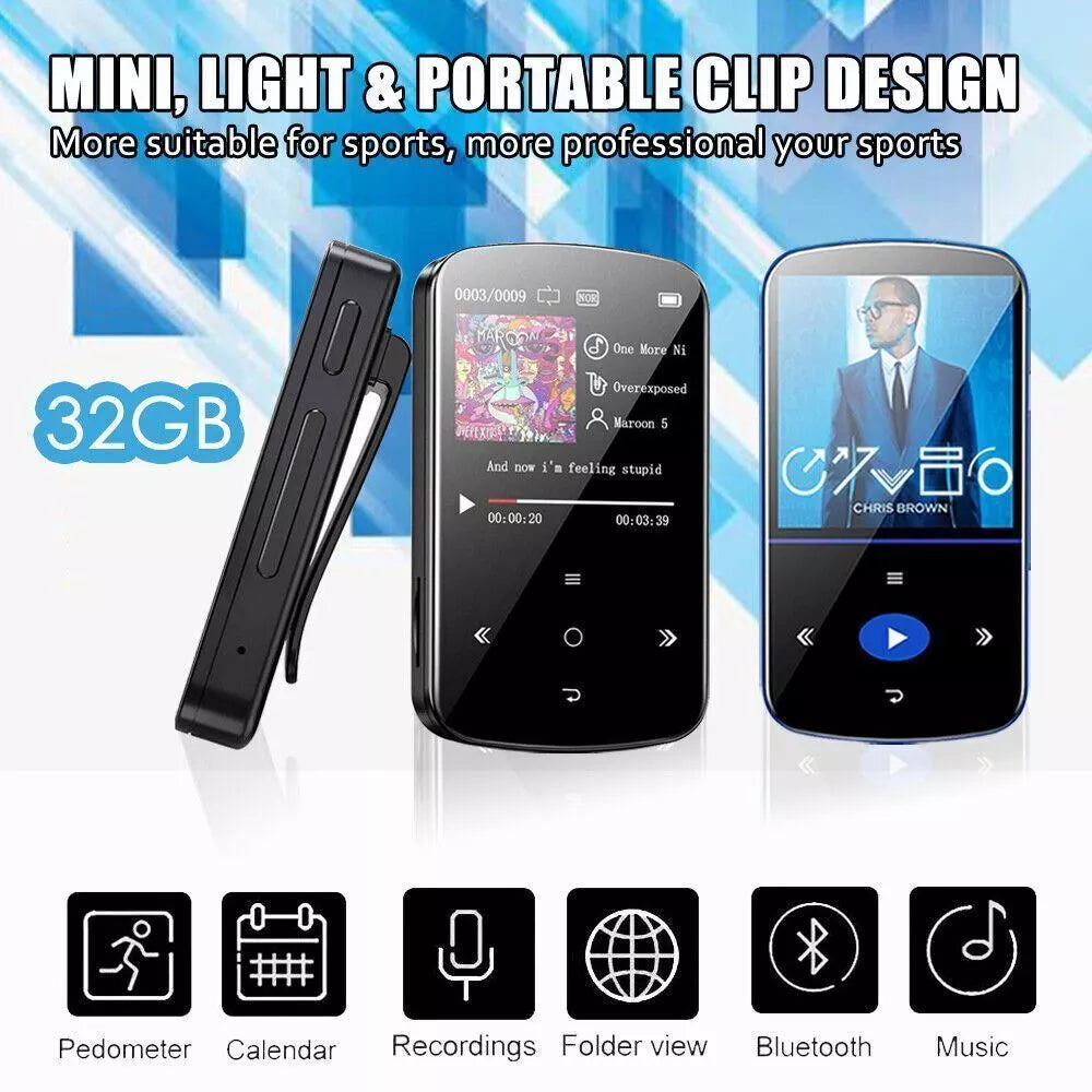 32GB Bluetooth MP3 Player – HiFi Lossless Sound, Voice Recorder, FM Radio & Clip