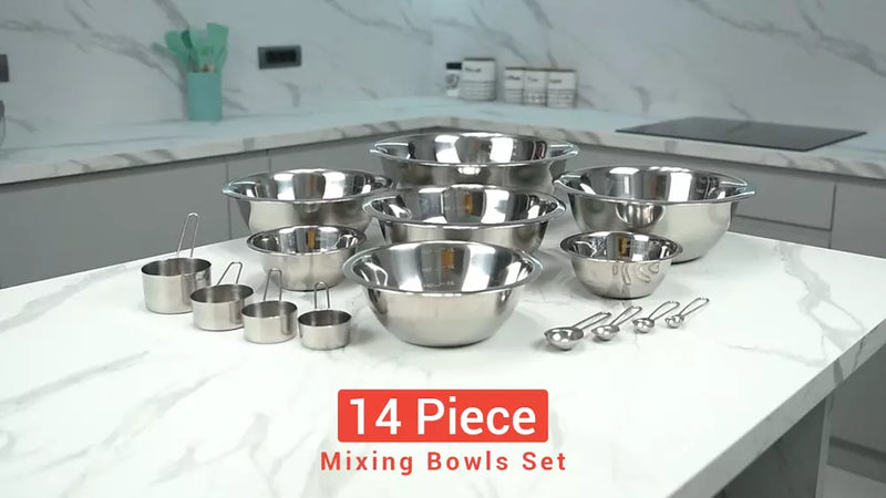 14-Piece Stainless Steel Mixing Bowl Set with Measuring Cups & Spoons