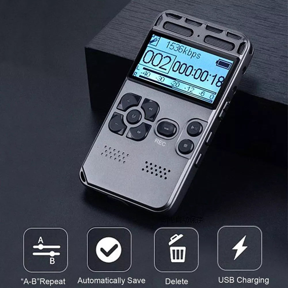 64GB Digital Voice Recorder & MP3 Player – Rechargeable with LCD Display