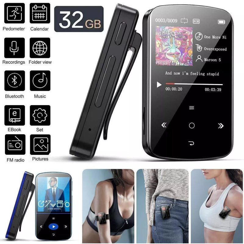 32GB Bluetooth MP3 Player – HiFi Lossless Sound, Voice Recorder, FM Radio & Clip