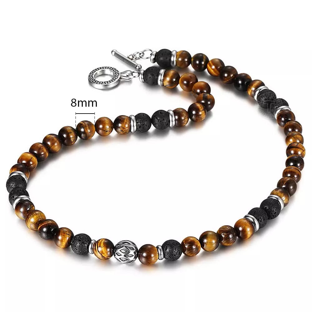 Men’s 8mm Tiger Eye & Lava Bead Necklace with Stainless Steel Toggle – 18/20/24"