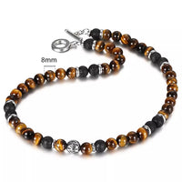 Men’s 8mm Tiger Eye & Lava Bead Necklace with Stainless Steel Toggle – 18/20/24"