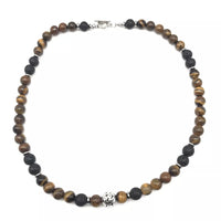 Men’s 8mm Tiger Eye & Lava Bead Necklace with Stainless Steel Toggle – 18/20/24"