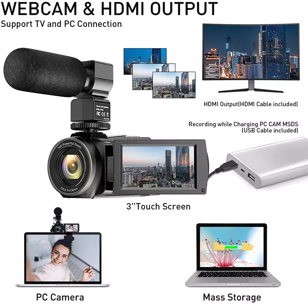 4K WiFi Video Camera Camcorder 48MP Vlogging Camera with Microphone for YouTube