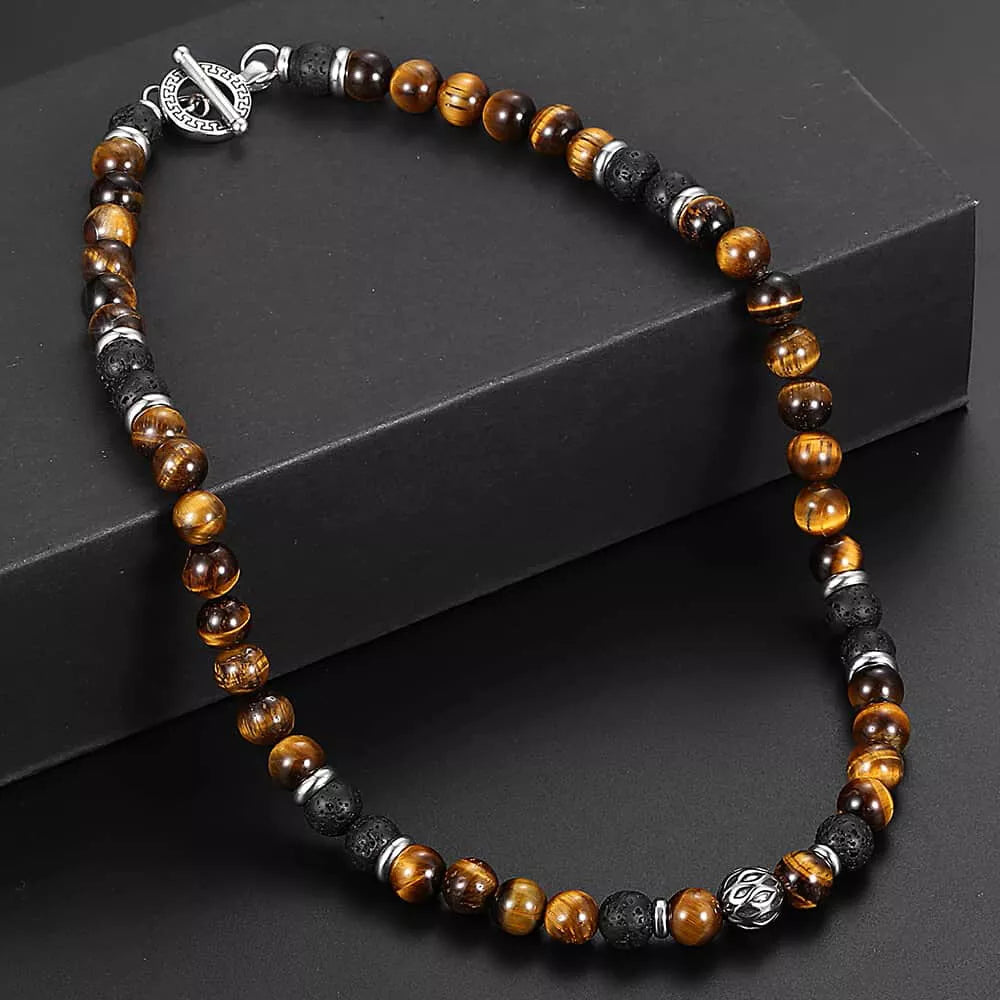 Men’s 8mm Tiger Eye & Lava Bead Necklace with Stainless Steel Toggle – 18/20/24"