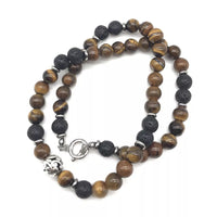 Men’s 8mm Tiger Eye & Lava Bead Necklace with Stainless Steel Toggle – 18/20/24"