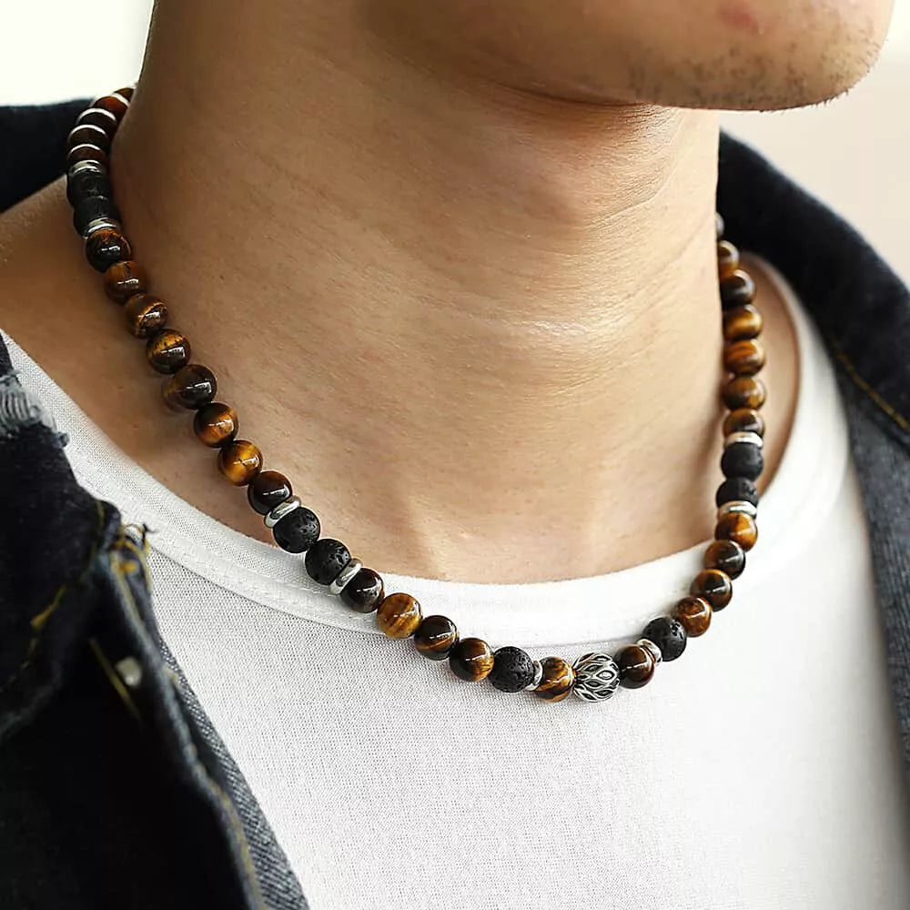 Men’s 8mm Tiger Eye & Lava Bead Necklace with Stainless Steel Toggle – 18/20/24"