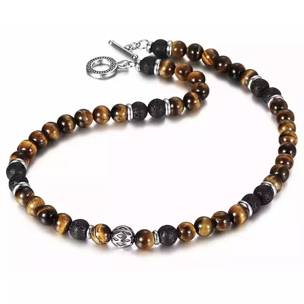 Men’s 8mm Tiger Eye & Lava Bead Necklace with Stainless Steel Toggle – 18/20/24"