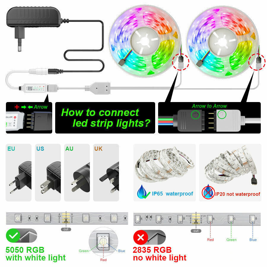 LED Strip Lights 100ft 50ft Music Sync Bluetooth 5050 RGB Room Light