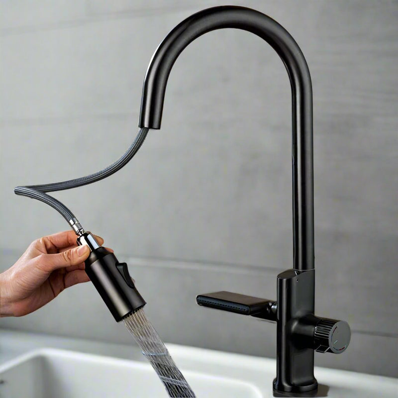 Sleek Waterfall Digital Temperature Kitchen Faucet – Pull-Out Stream Sprayer