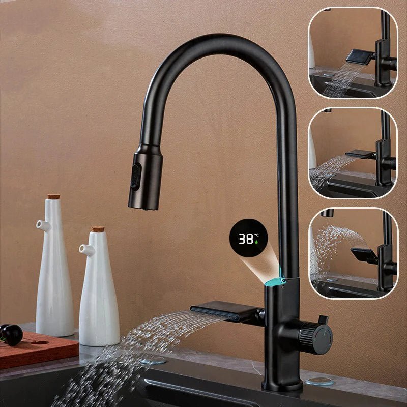 Sleek Waterfall Digital Temperature Kitchen Faucet – Pull-Out Stream Sprayer