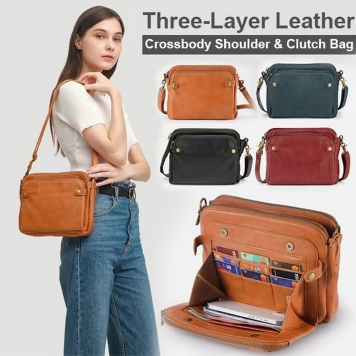 Three-Layer Leather Crossbody Bag