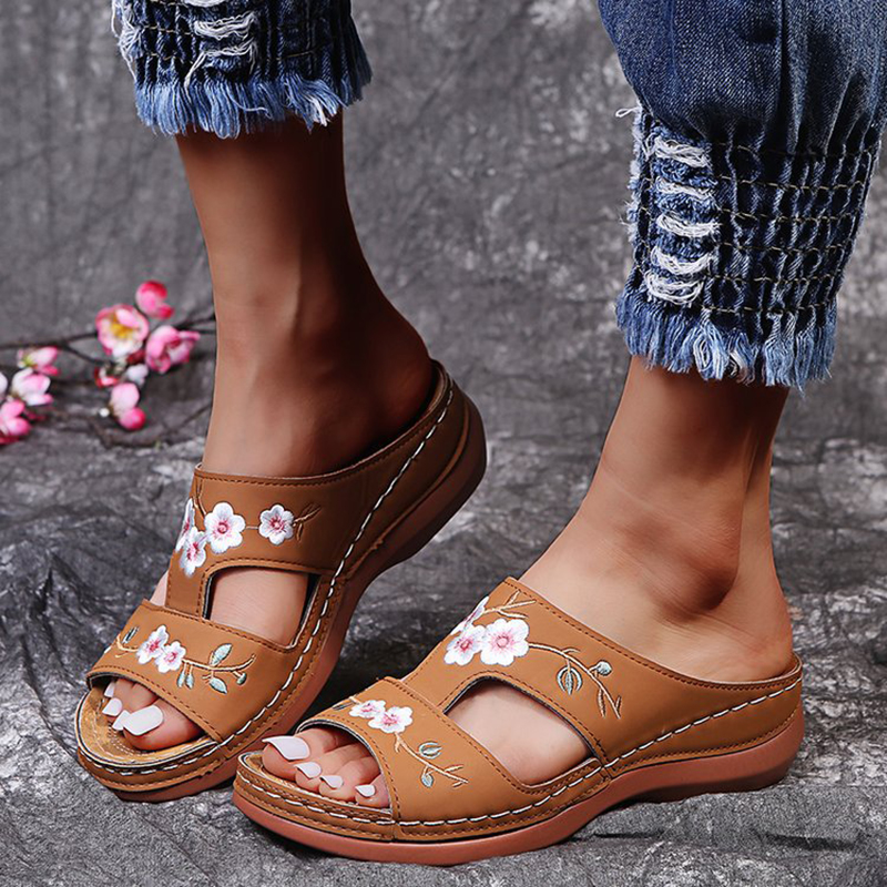 Domina Flower Embroidered Vintage Casual Wedges Sandals