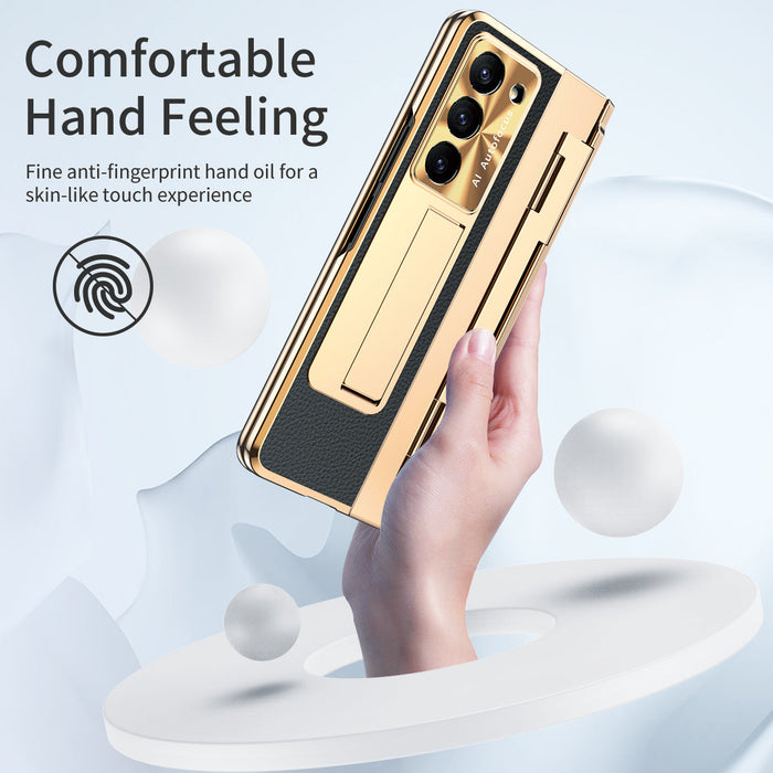 Luxury Leather Magnetic Bracket Shell Electroplated Phone Case For Samsung Galaxy Z Fold3/4/5 With Back Screen Glass