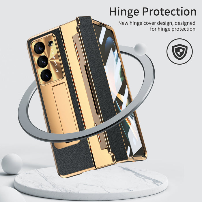 Luxury Leather Magnetic Bracket Shell Electroplated Phone Case For Samsung Galaxy Z Fold3/4/5 With Back Screen Glass