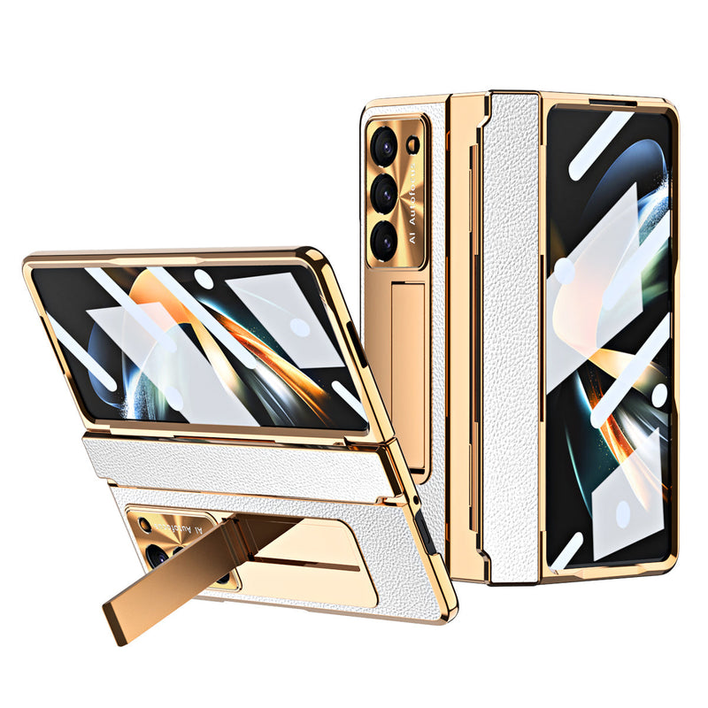 Luxuriöse, galvanisierte Lederhülle mit magnetischer Halterung für Samsung Galaxy Z Fold3/4/5 mit Glas auf der Rückseite