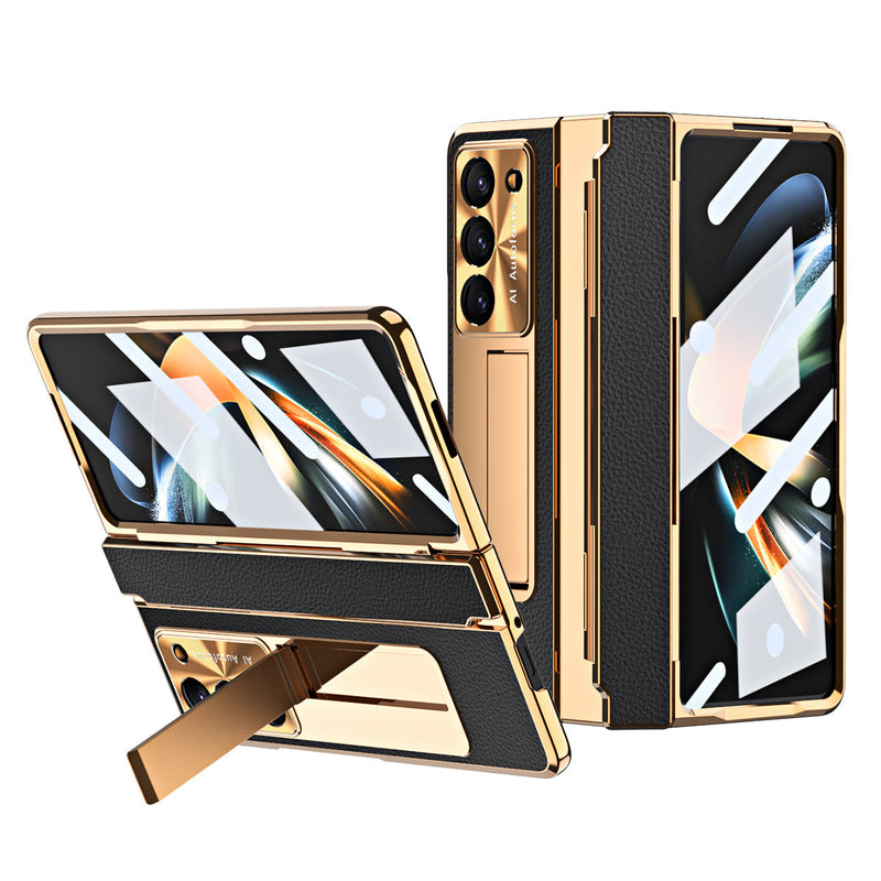 Luxuriöse, galvanisierte Lederhülle mit magnetischer Halterung für Samsung Galaxy Z Fold3/4/5 mit Glas auf der Rückseite