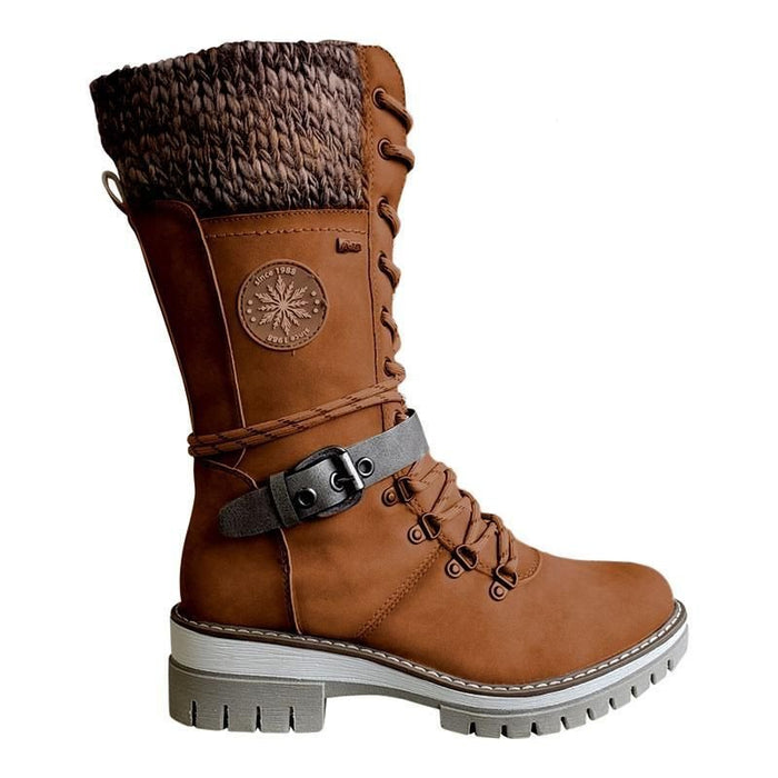 Women Buckle Lace Knitted Mid-calf Boots
