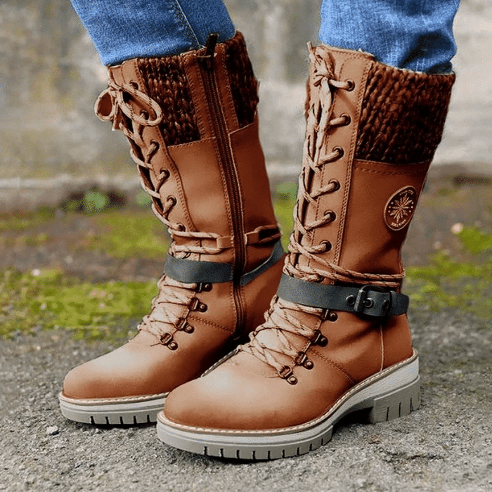 Women Buckle Lace Knitted Mid-calf Boots