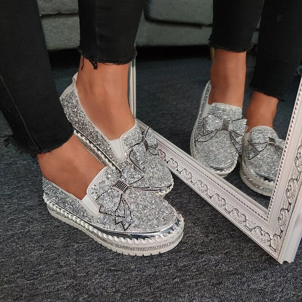 Aglaia Shining Rhinestone Slip-On Thick Botton Casual Ladies Crystal Shoes