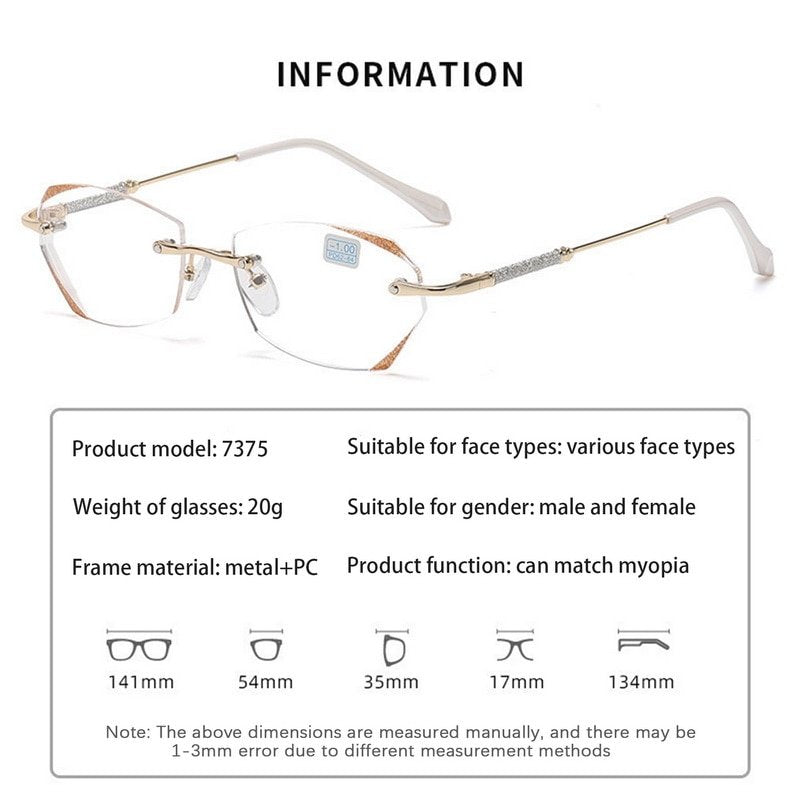 Randlose Presbyopie-Brille mit Diamanten für Damen mit Anti-Blaulicht