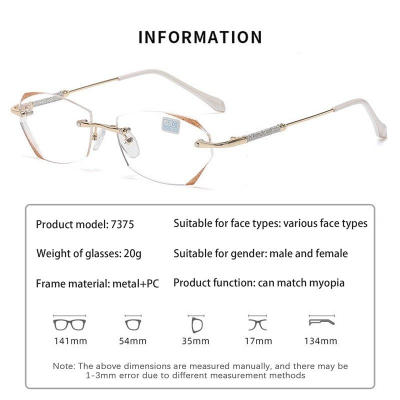Women’s Diamond Rimless Anti-blue Light Presbyopia Glasses