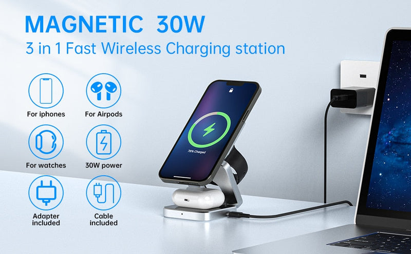 3 in 1 Foldable Stainless Steel Charging Dock 30W
