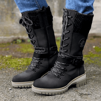 Women Buckle Lace Knitted Mid-calf Boots