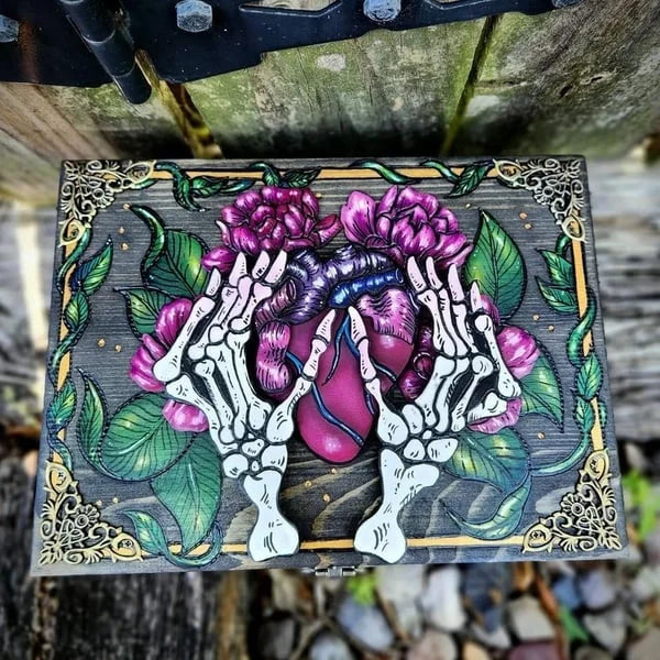 Skull Hands & Heart Wooden Tarot Card Hidden Key Box