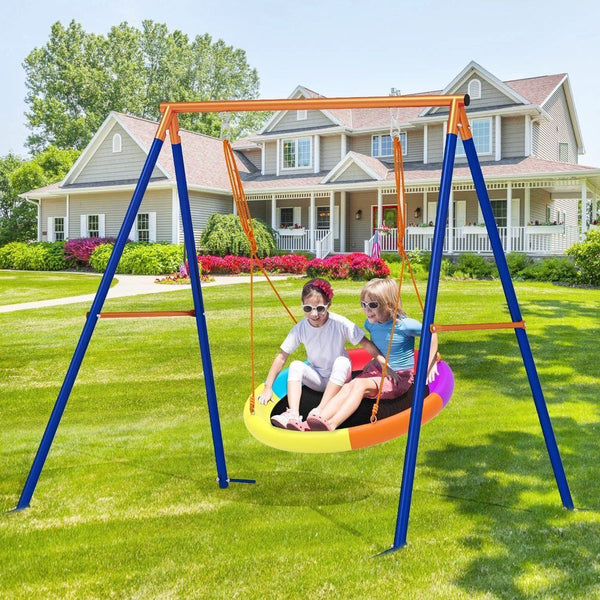 Outdoor Metal Swing Set with Frame Kids Playground