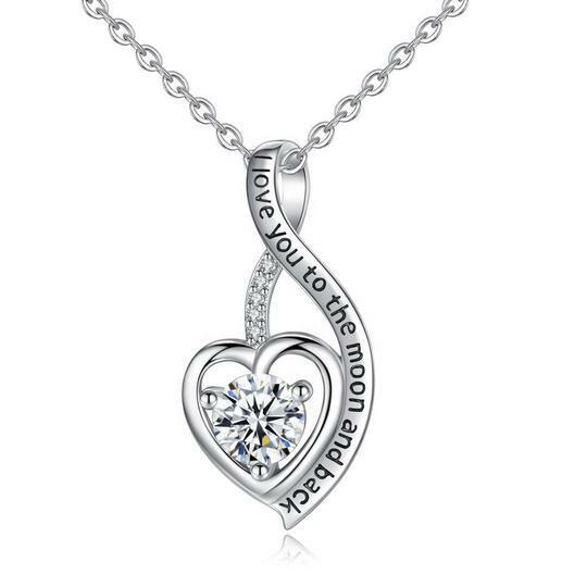 Sterling Silver I Love You To The Moon And Back CZ Heart Pendant Necklace - 18"