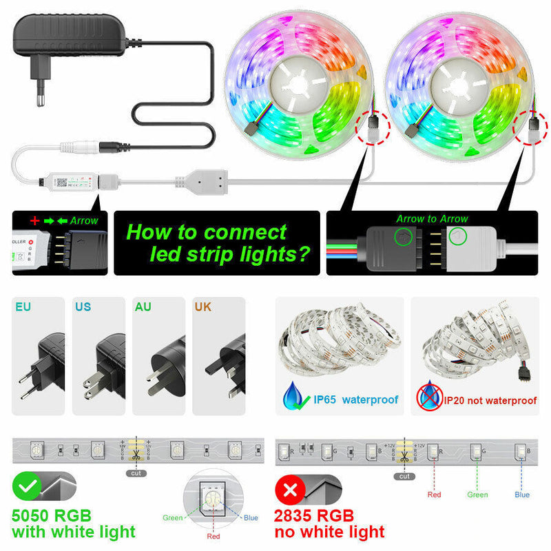 LED-Lichtstreifen, 30 m, 15 m, Musiksynchronisation, Bluetooth, 5050, RGB-Raumlicht mit Fernbedienung