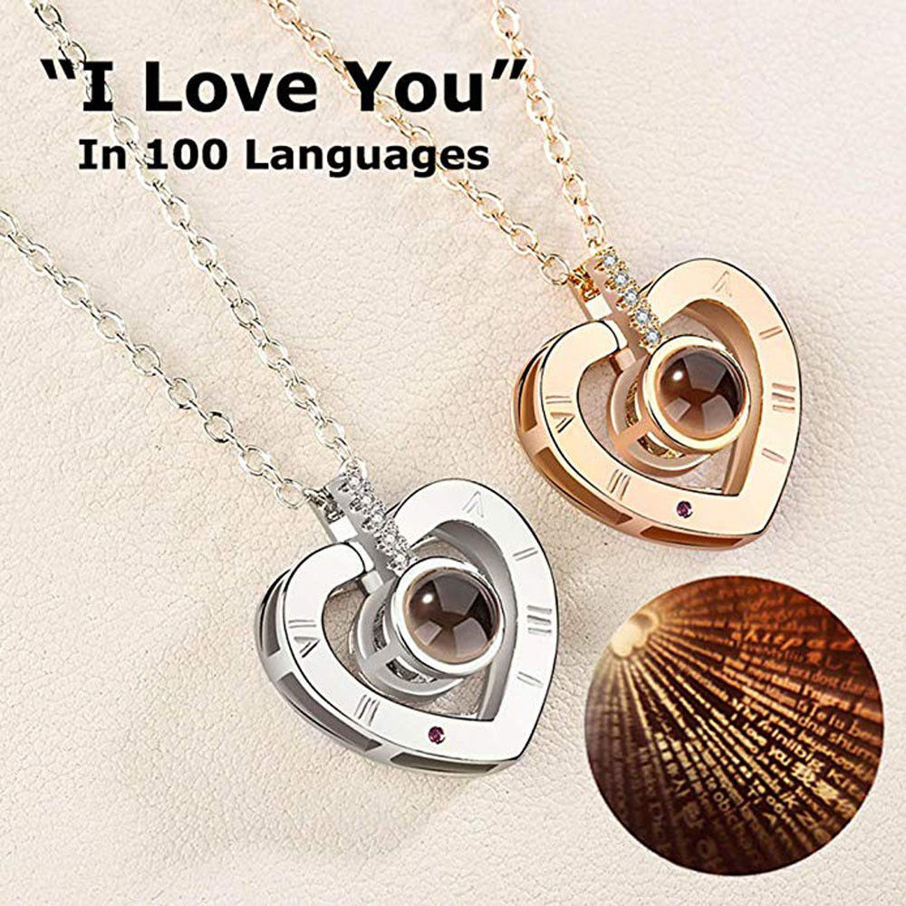 I LOVE YOU 100 Languages Projection Heart Silver/Gold Plated Love Necklace