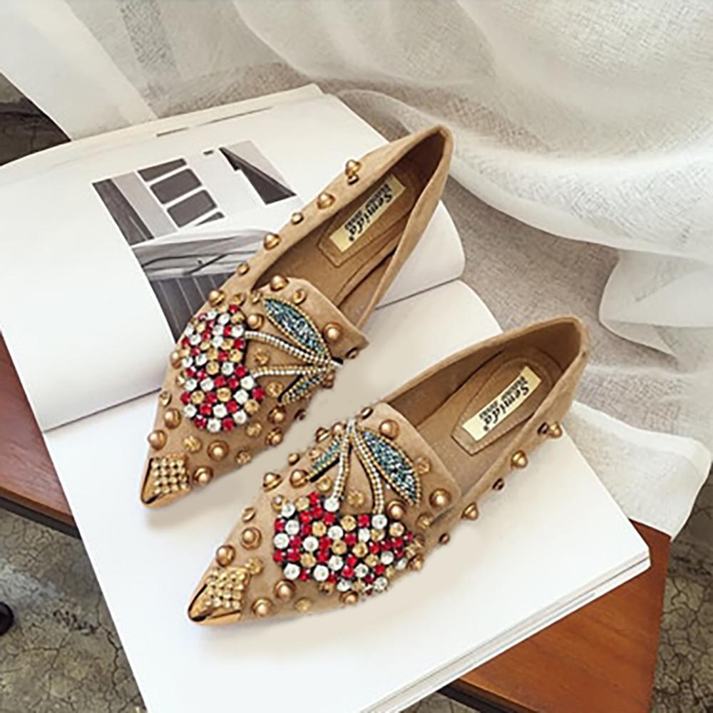 Daphne Luxurious Rhinestone Cherry Metal Pointed Toe Flat Shoes